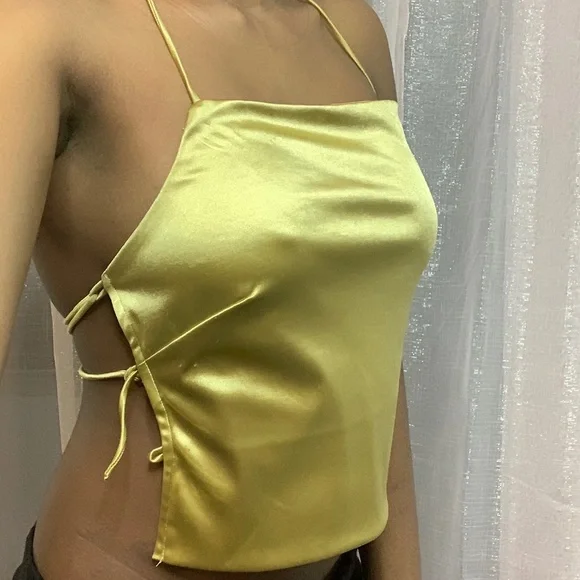 ‼️SOLD‼️ Better Be Metallic Gold Tie Back Crop Top Size Small for Women - Picture 2 of 10
